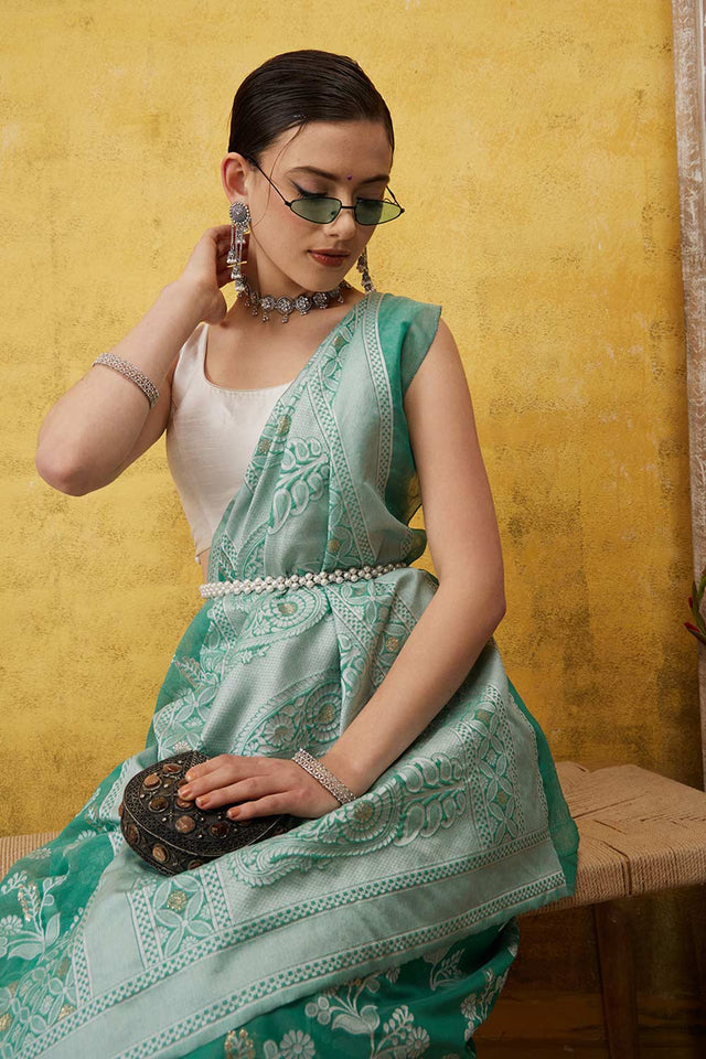 Teal Cotton Floral Saree