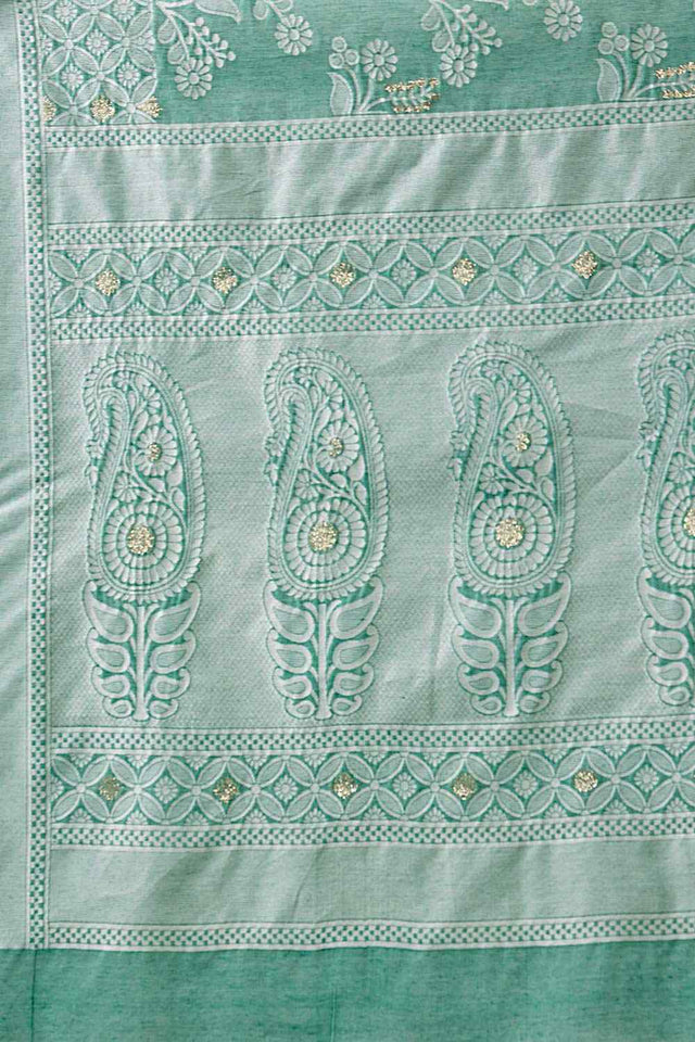 Teal Cotton Floral Saree