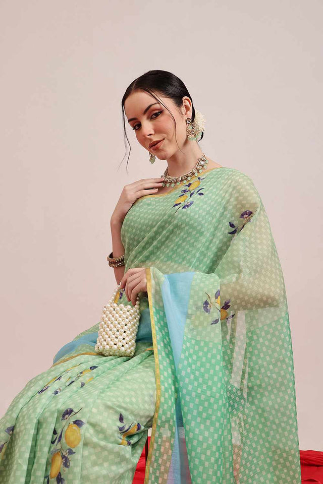 Olive Chanderi Printed Cotton Saree