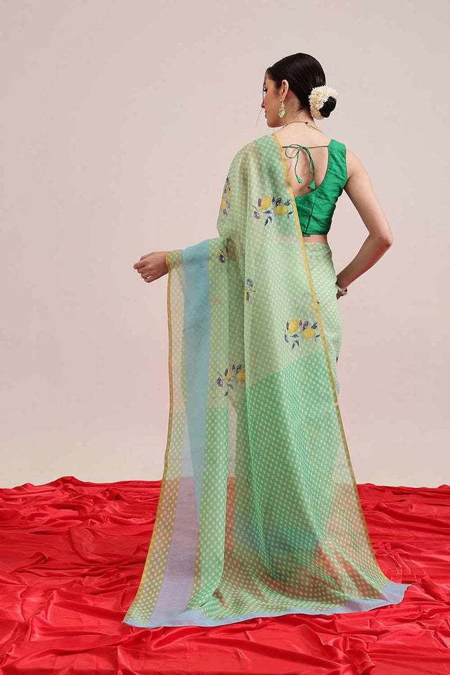 Olive Chanderi Printed Cotton Saree