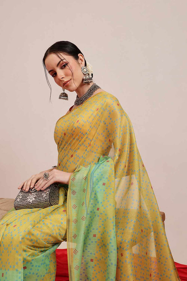 Yellow Chanderi Printed Cotton Saree