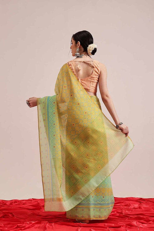 Yellow Chanderi Printed Cotton Saree