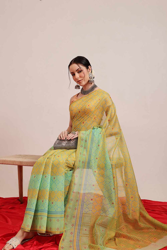 Yellow Chanderi Printed Cotton Saree