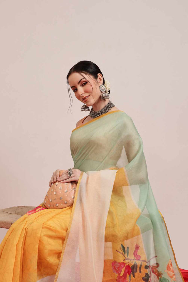 Blue Chanderi Printed Cotton Saree