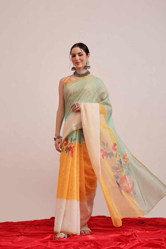 Blue Chanderi Printed Cotton Saree