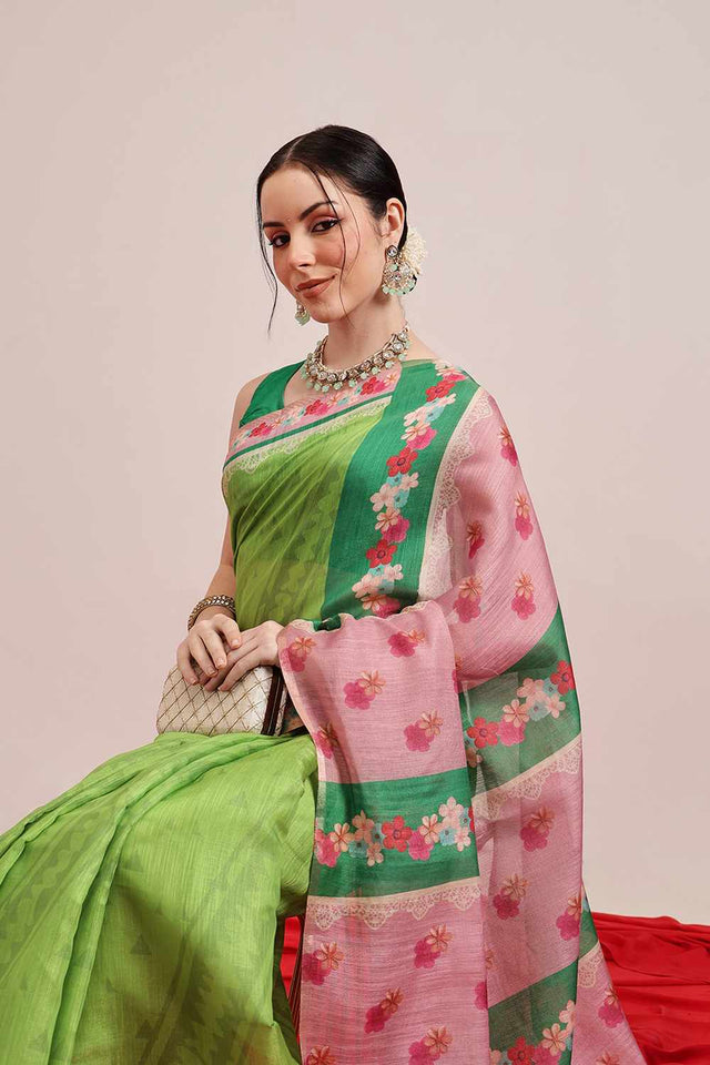 Brown Chanderi Floral Printed Cotton Saree