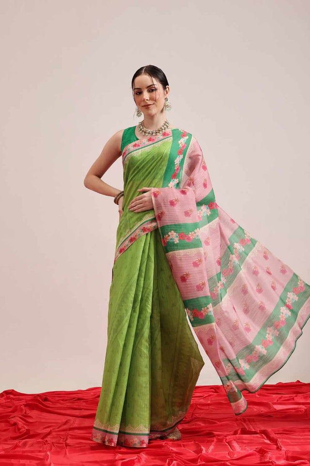 Brown Chanderi Floral Printed Cotton Saree