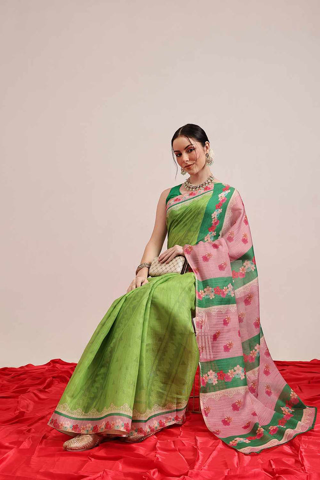 Brown Chanderi Floral Printed Cotton Saree