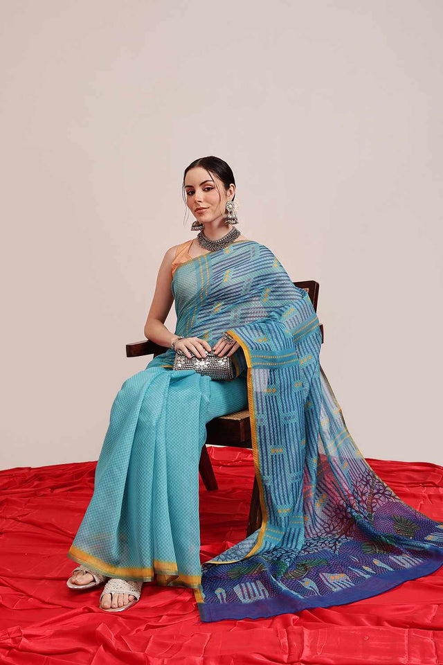 Green Chanderi Printed Cotton Saree