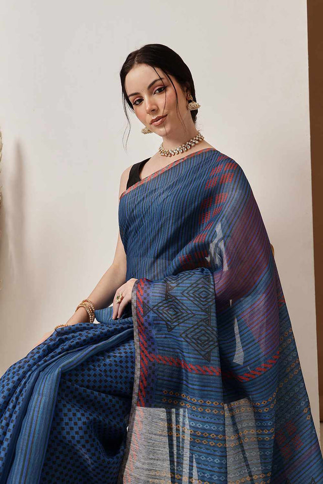 Multi-Color Chanderi Printed Cotton Saree