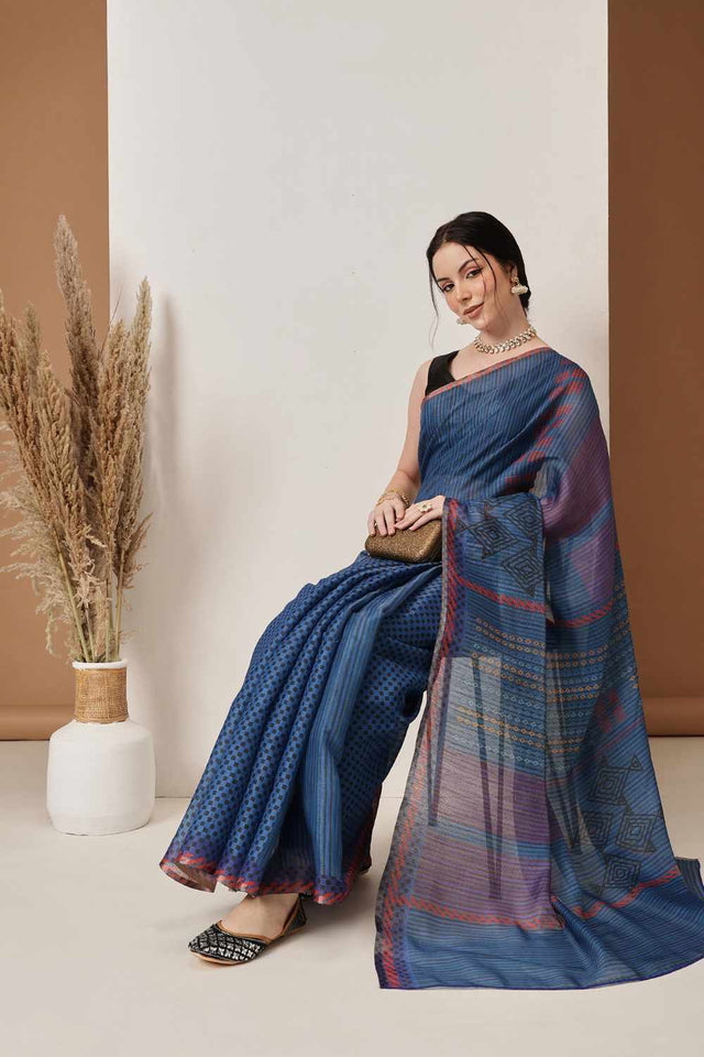 Multi-Color Chanderi Printed Cotton Saree