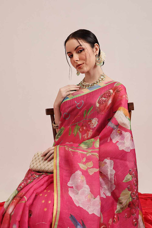 Olive Chanderi Geomatric Printed Cotton Saree