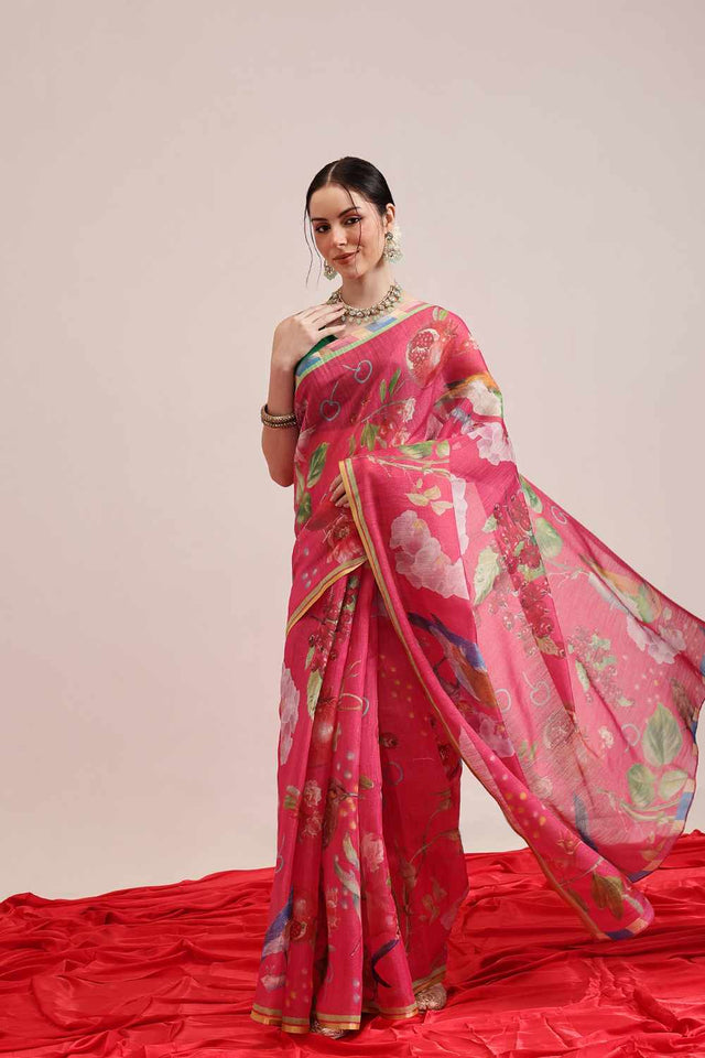 Olive Chanderi Geomatric Printed Cotton Saree