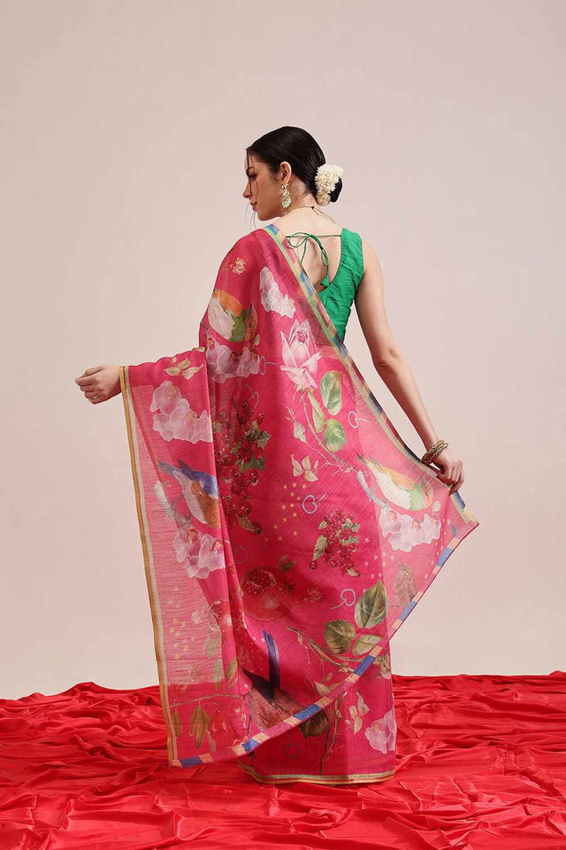 Olive Chanderi Geomatric Printed Cotton Saree