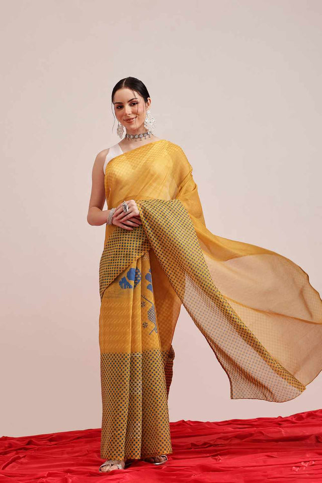 Yellow Chanderi Printed Cotton Saree
