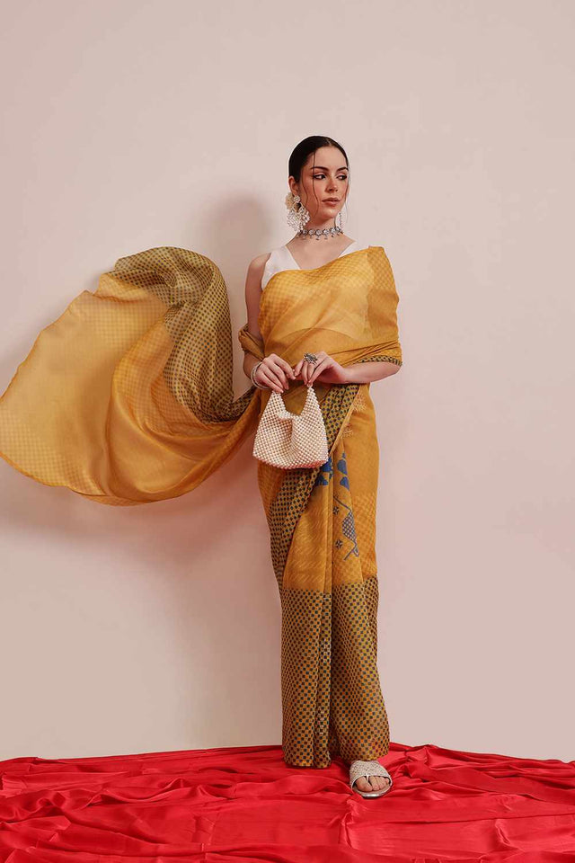 Yellow Chanderi Printed Cotton Saree