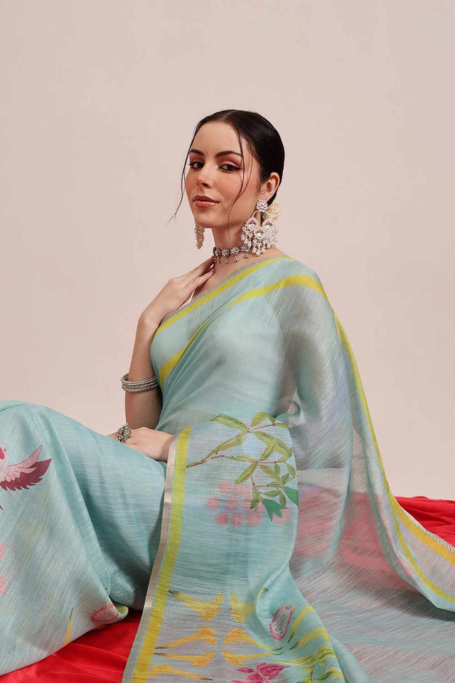 Turquoise Chanderi Abstract Printed Cotton Saree