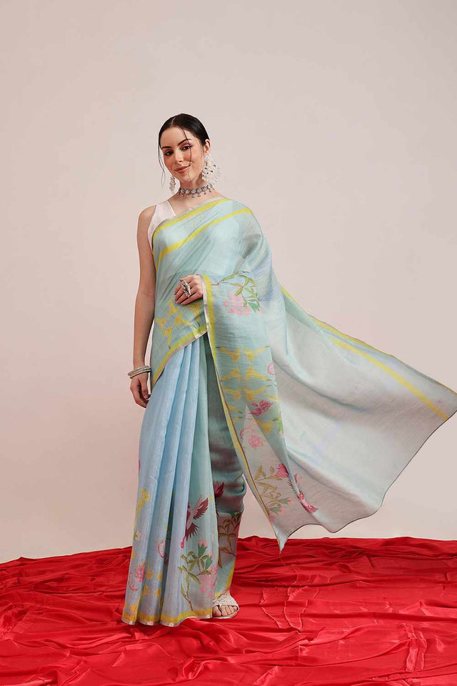 Turquoise Chanderi Abstract Printed Cotton Saree