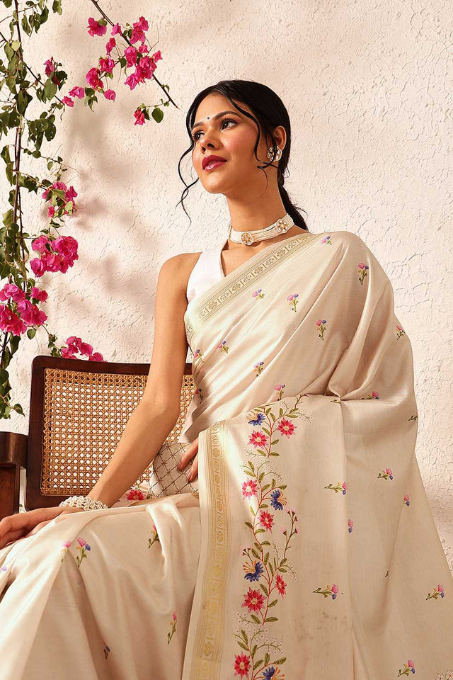 Beige Floral Printed Art Silk Saree
