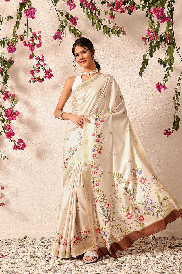 Beige Floral Printed Art Silk Saree