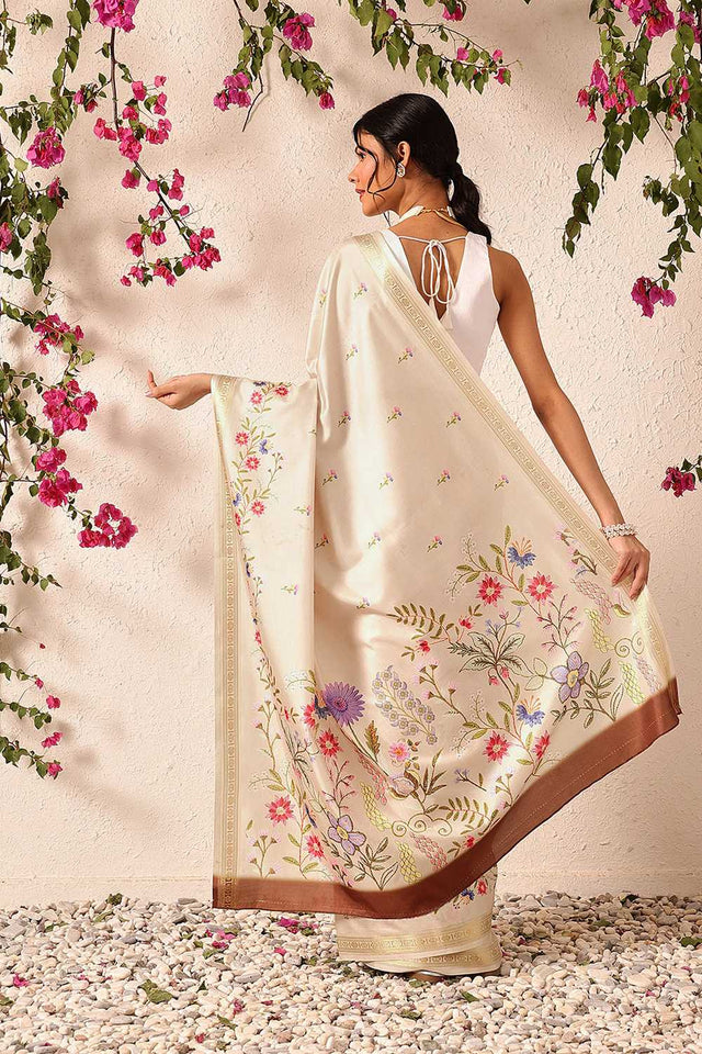 Beige Floral Printed Art Silk Saree