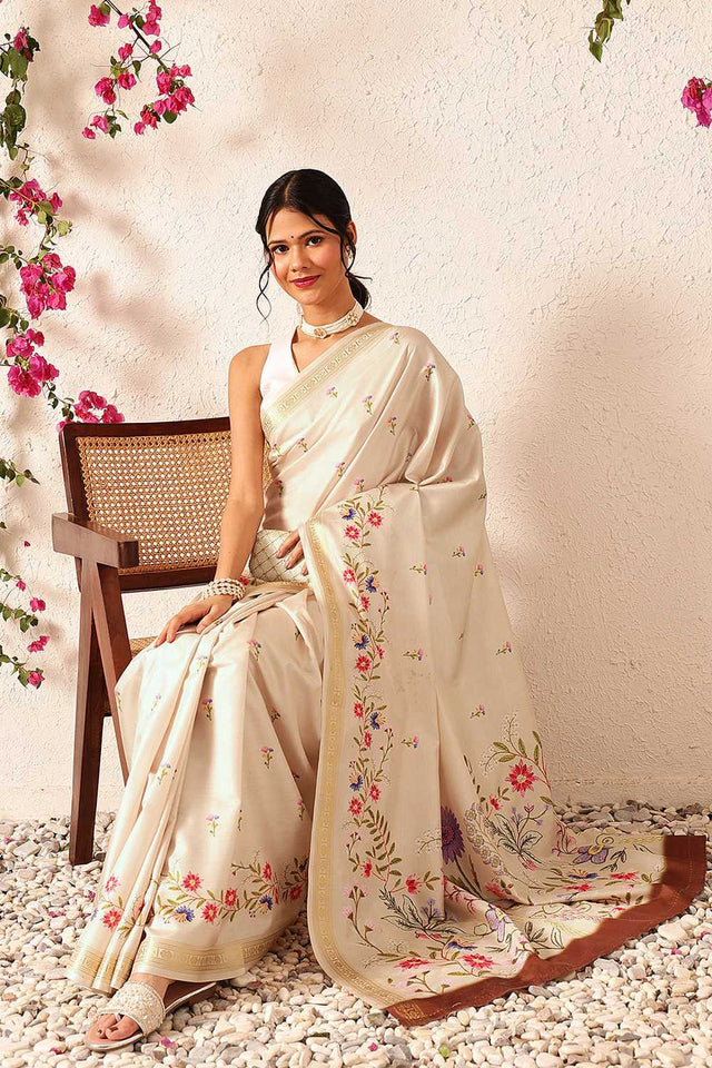 Beige Floral Printed Art Silk Saree