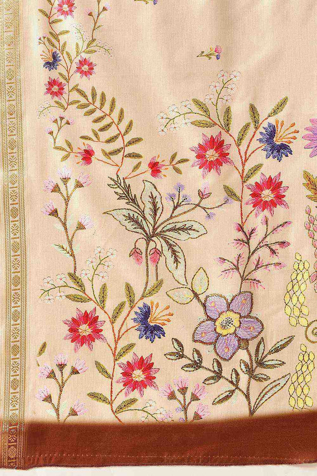 Beige Floral Printed Art Silk Saree