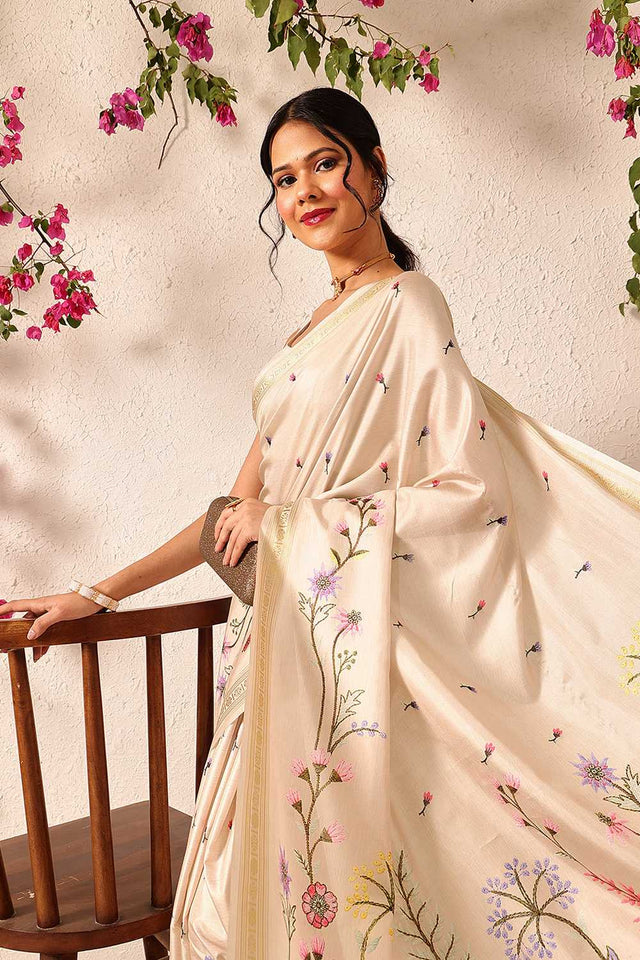 Beige Floral Printed Art Silk Saree
