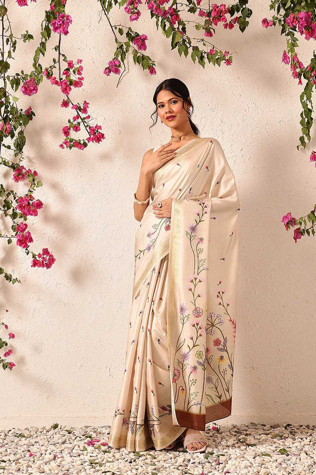 Beige Floral Printed Art Silk Saree