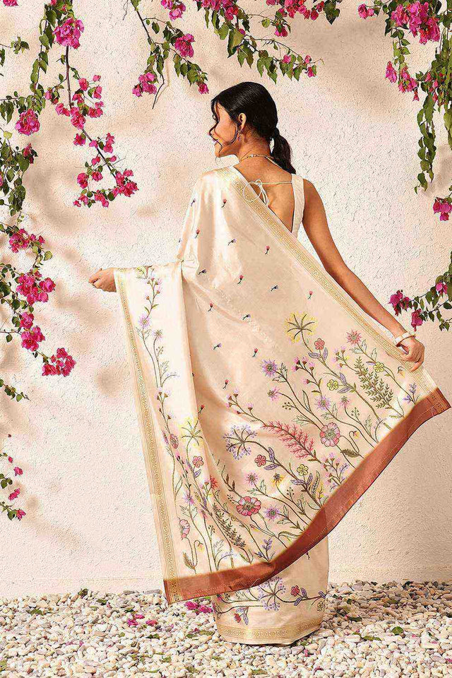 Beige Floral Printed Art Silk Saree