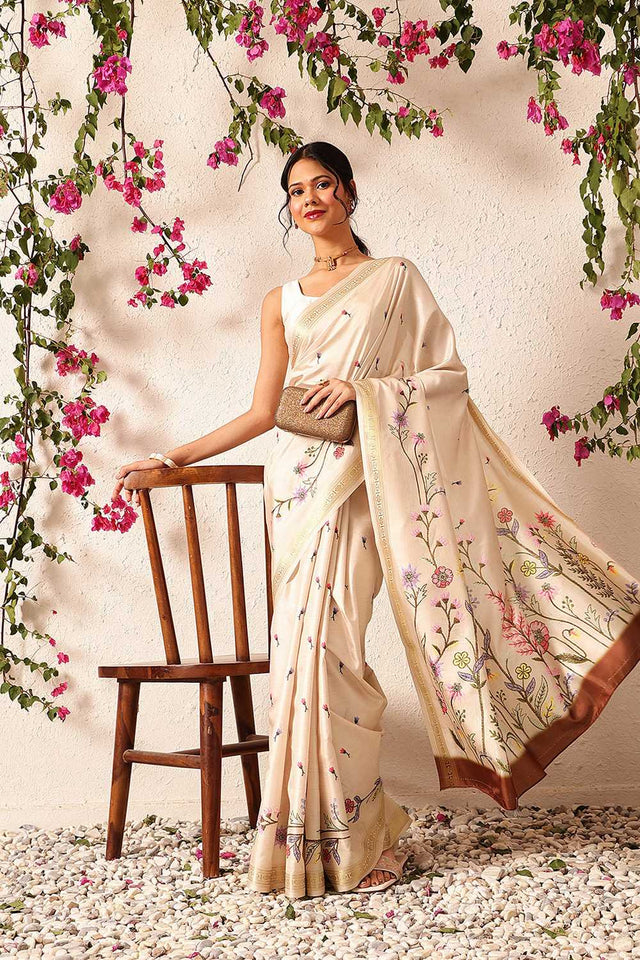 Beige Floral Printed Art Silk Saree