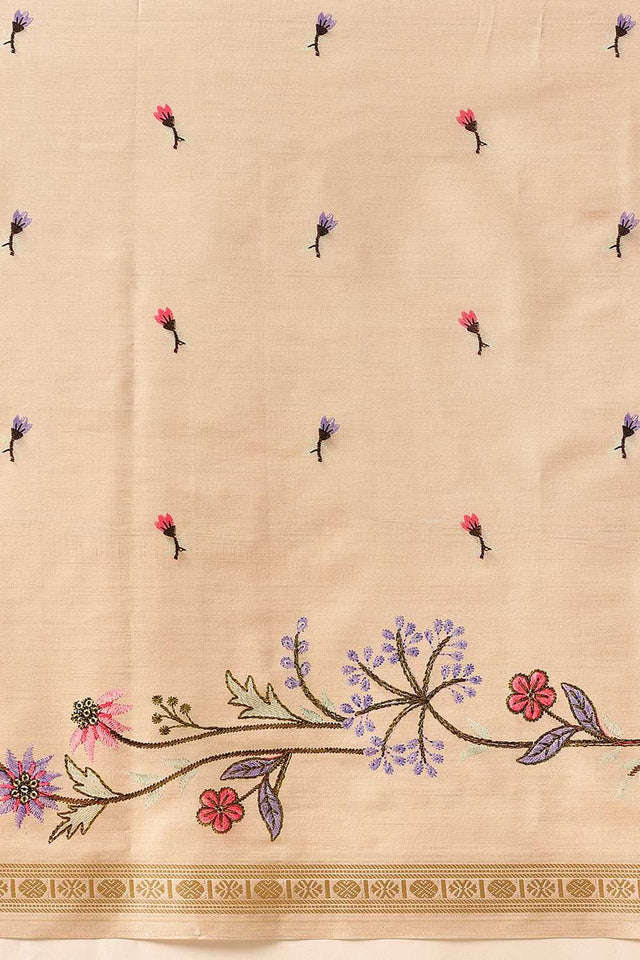 Beige Floral Printed Art Silk Saree