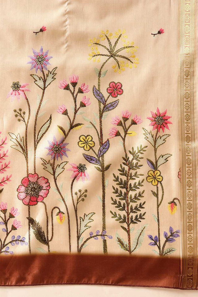 Beige Floral Printed Art Silk Saree