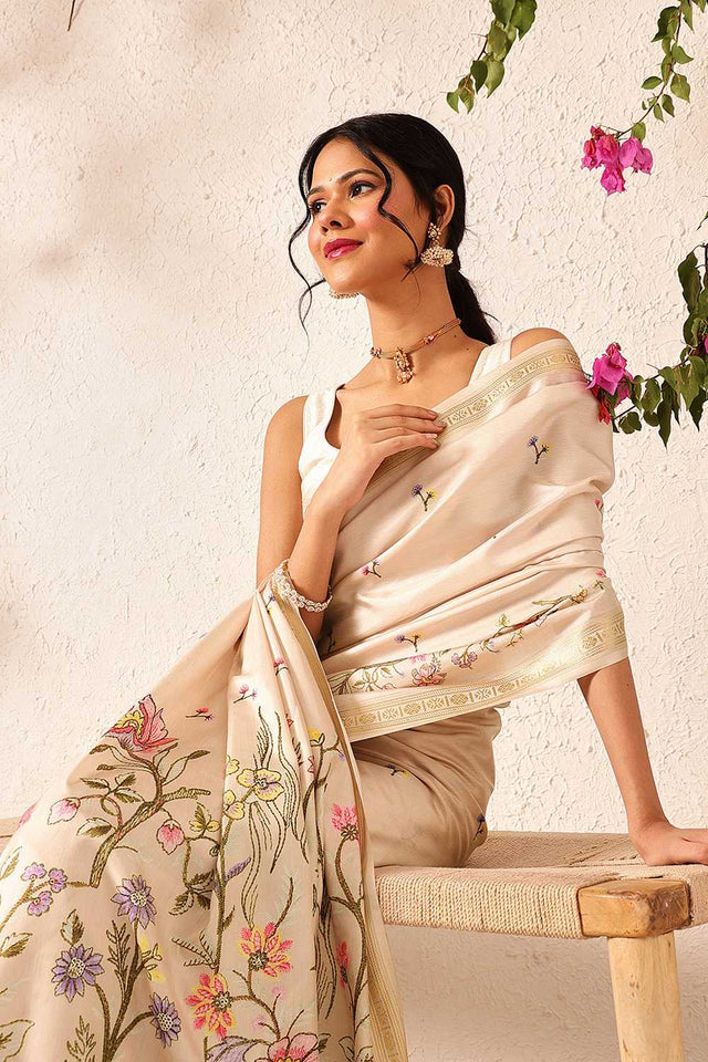 Beige Floral Printed Art Silk Saree