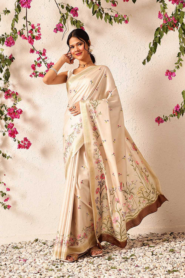 Beige Floral Printed Art Silk Saree