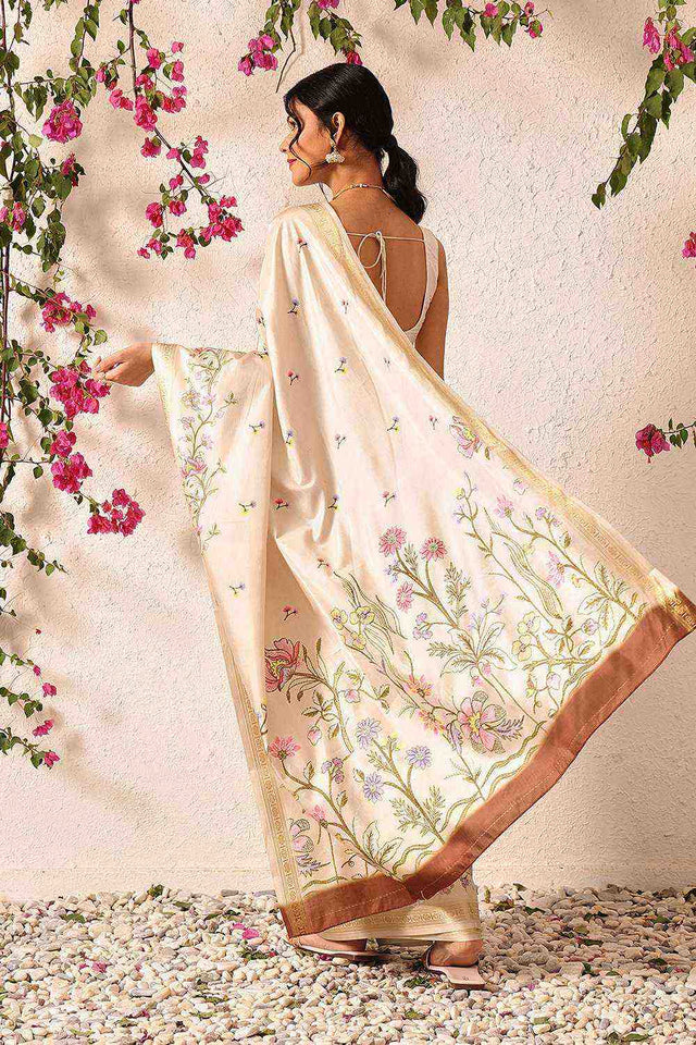Beige Floral Printed Art Silk Saree