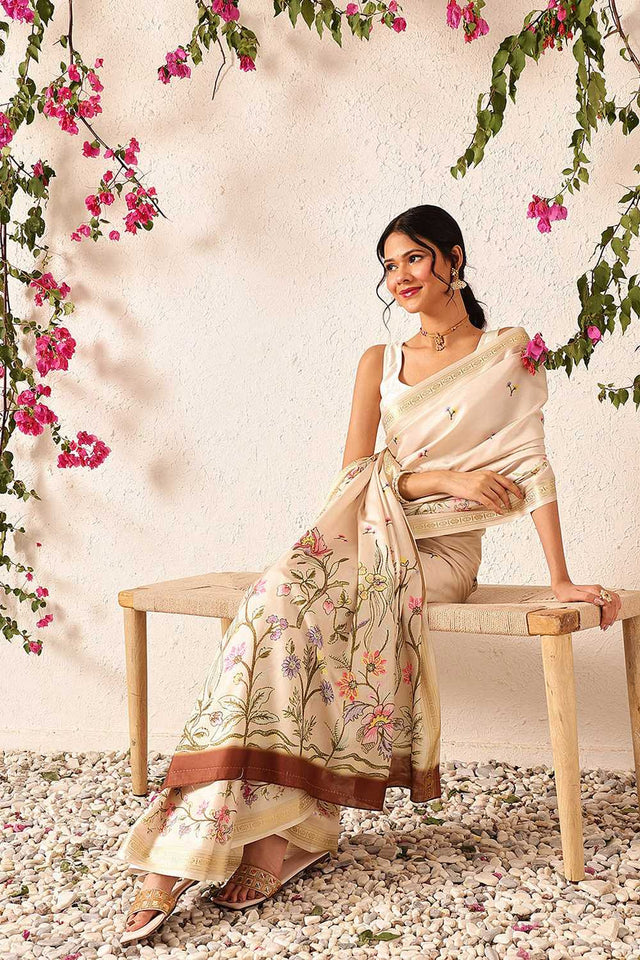 Beige Floral Printed Art Silk Saree