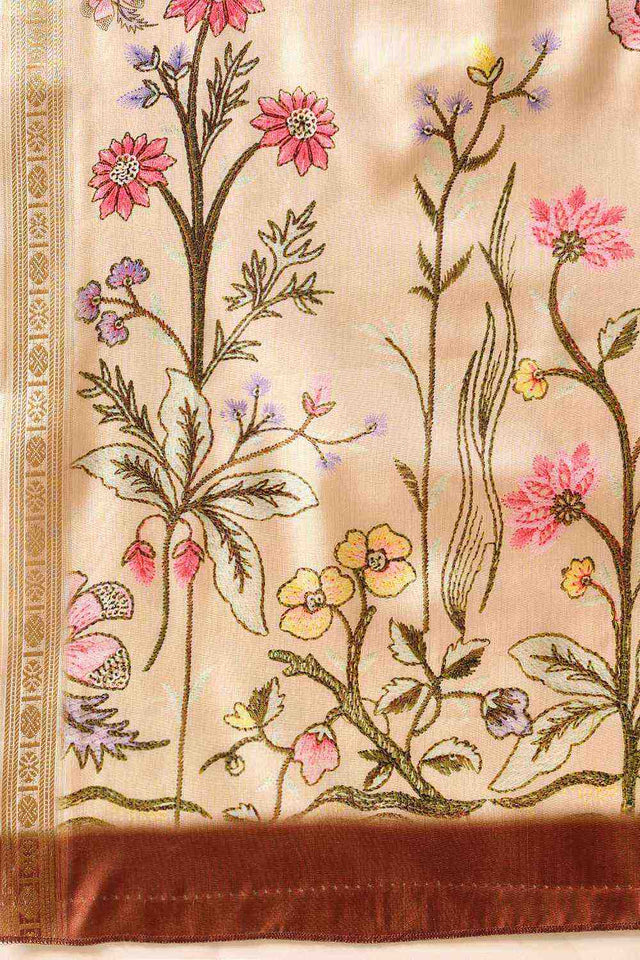 Beige Floral Printed Art Silk Saree