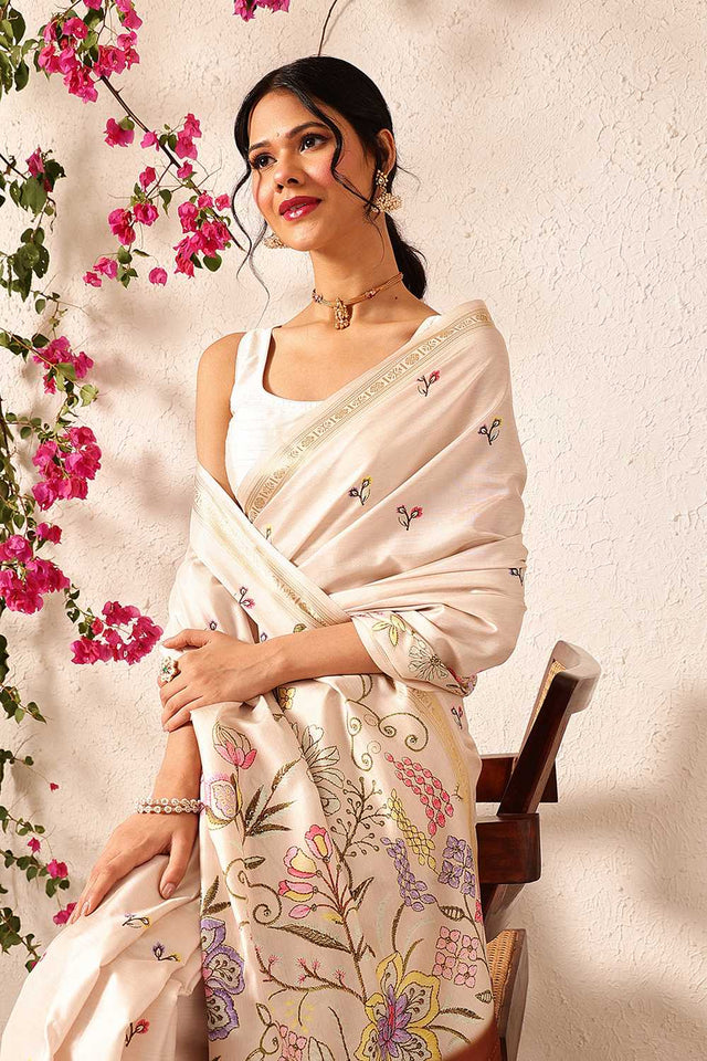 Beige Floral Printed Art Silk Saree