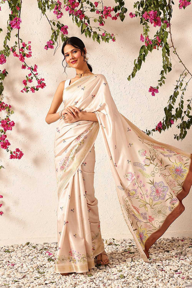 Beige Floral Printed Art Silk Saree