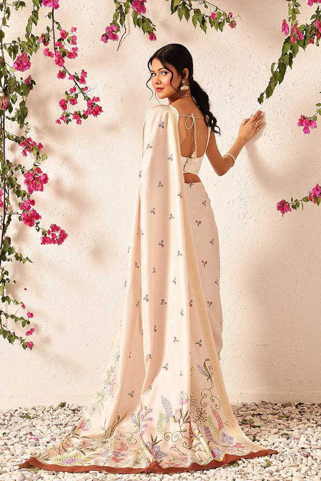 Beige Floral Printed Art Silk Saree