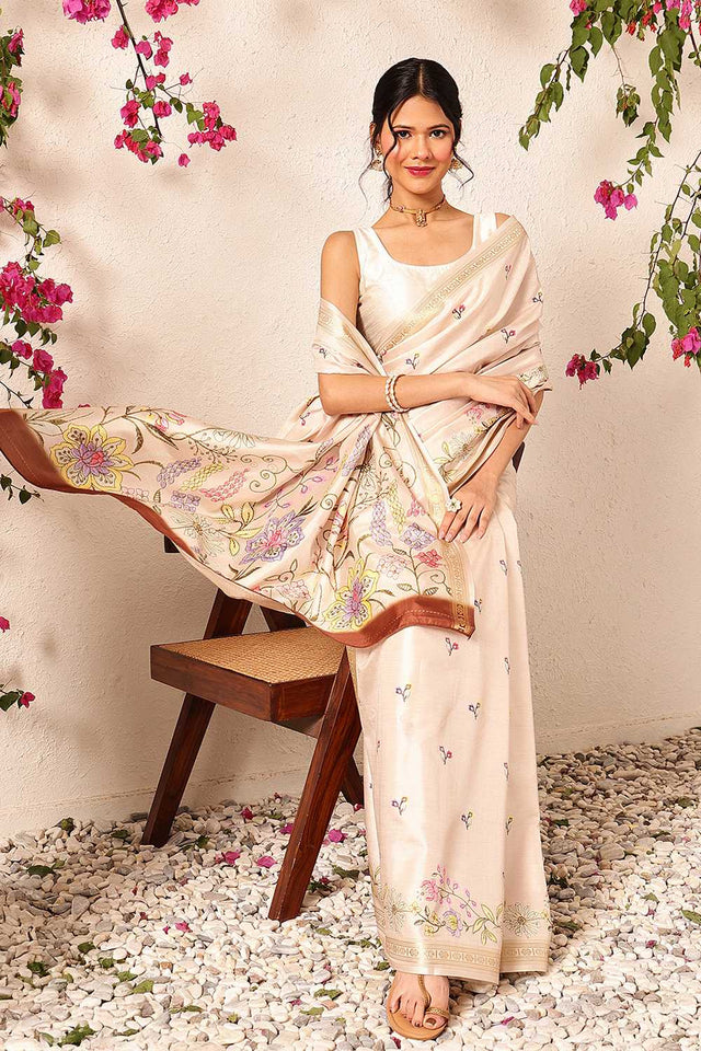 Beige Floral Printed Art Silk Saree