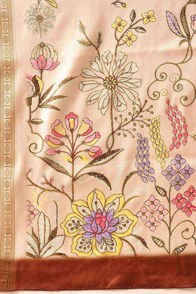 Beige Floral Printed Art Silk Saree