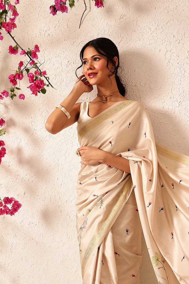 Beige Floral Printed Art Silk Saree