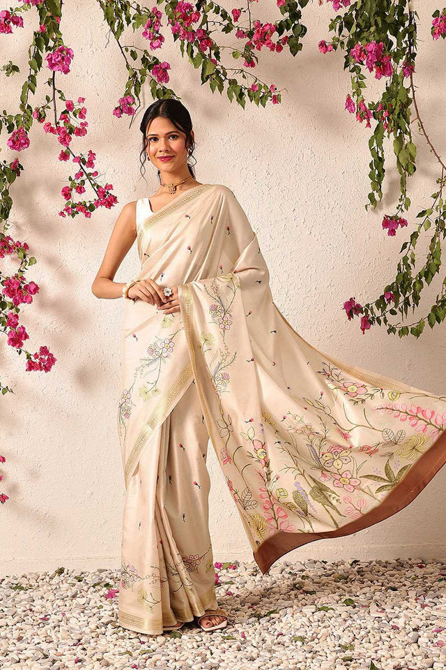 Beige Floral Printed Art Silk Saree