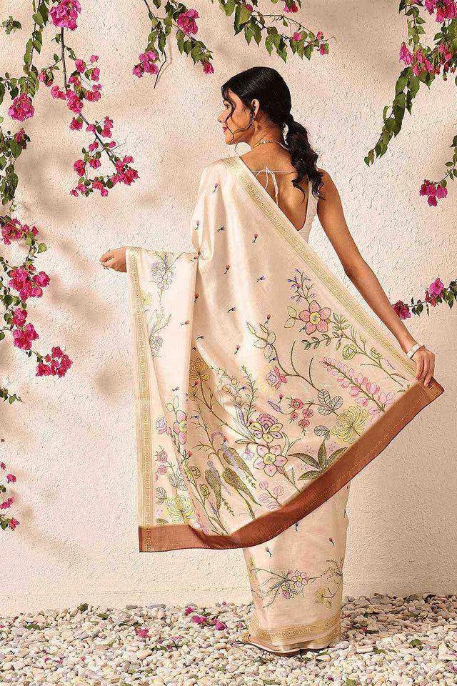 Beige Floral Printed Art Silk Saree