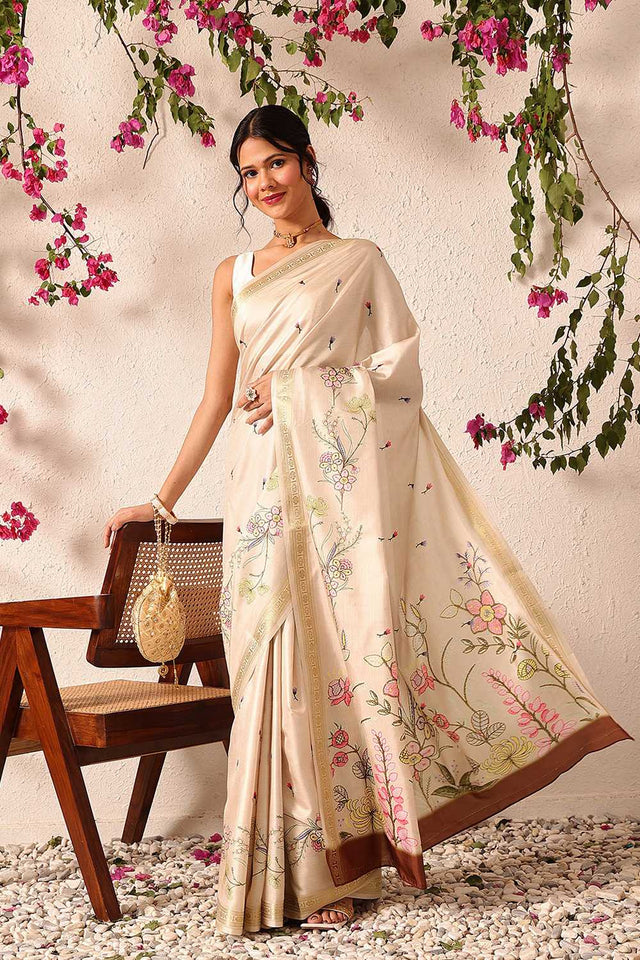 Beige Floral Printed Art Silk Saree