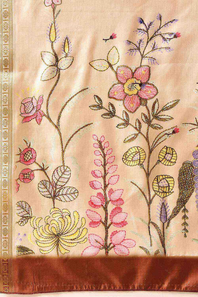 Beige Floral Printed Art Silk Saree