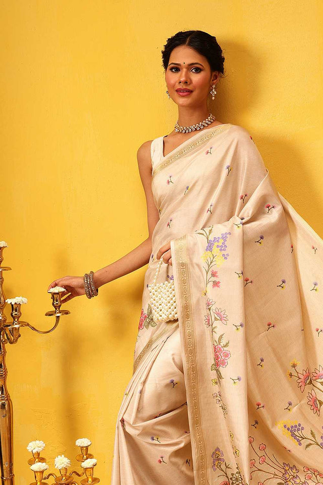 Beige Floral Printed Art Silk Saree