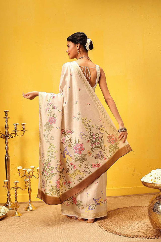Beige Floral Printed Art Silk Saree